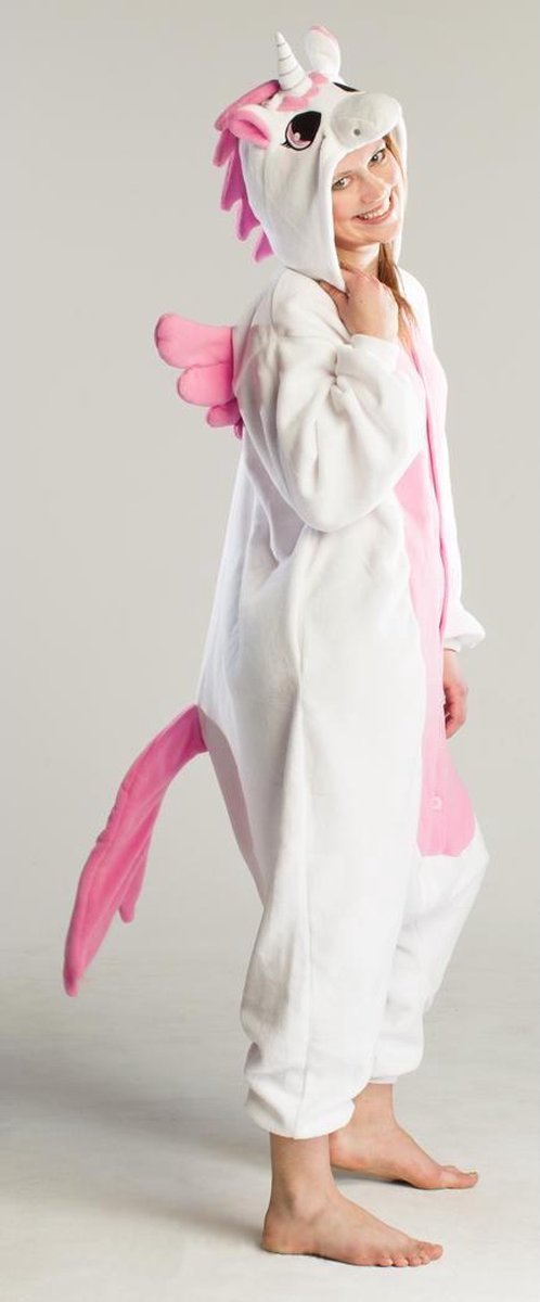 KIMU Onesie pegasus pak kind eenhoorn wit roze unicorn - maat 128-134 - eenhoornpak jumpsuit pyjama