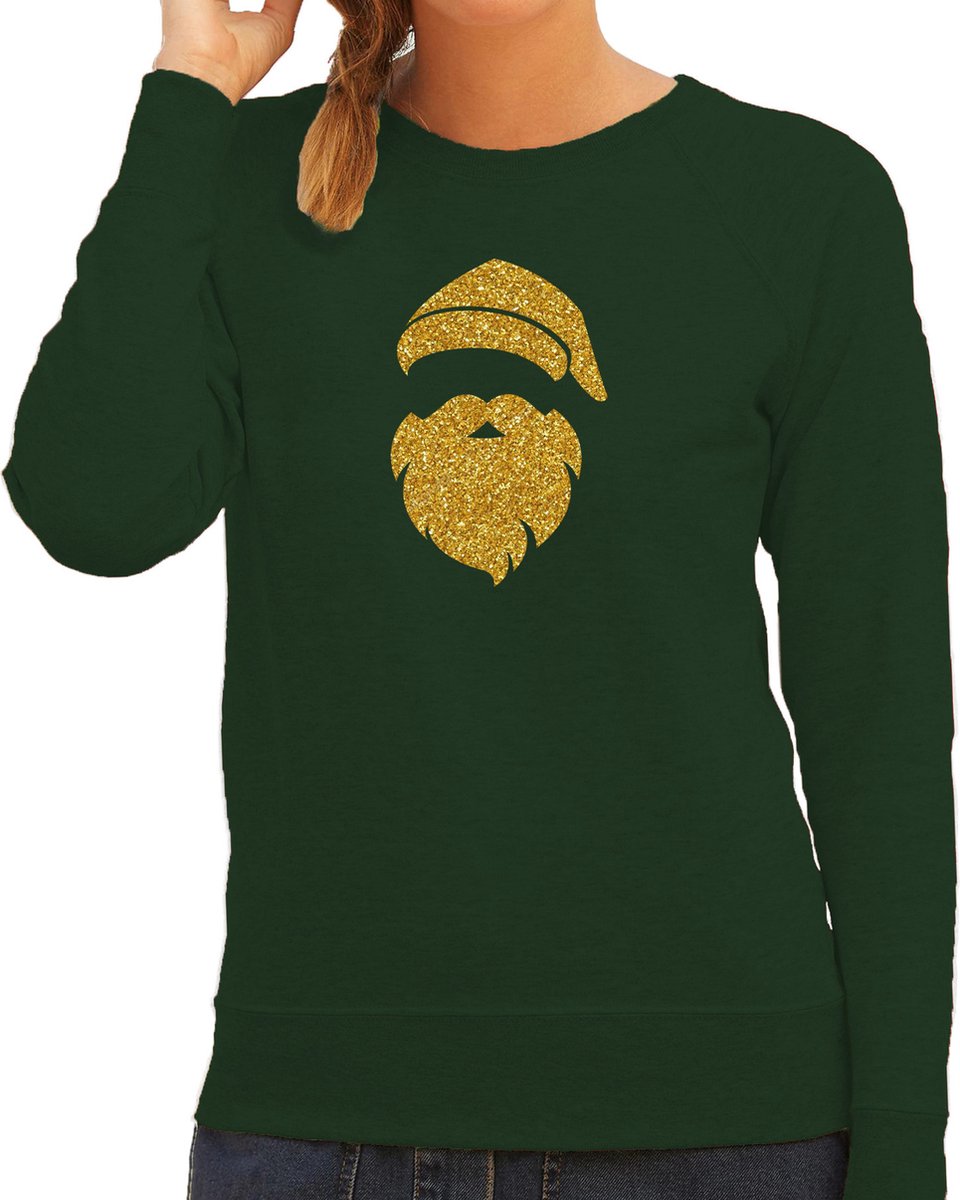 Kerstman hoofd Kerst trui - groen met gouden glitter bedrukking - dames - Kerst sweaters / Kerst outfit XL