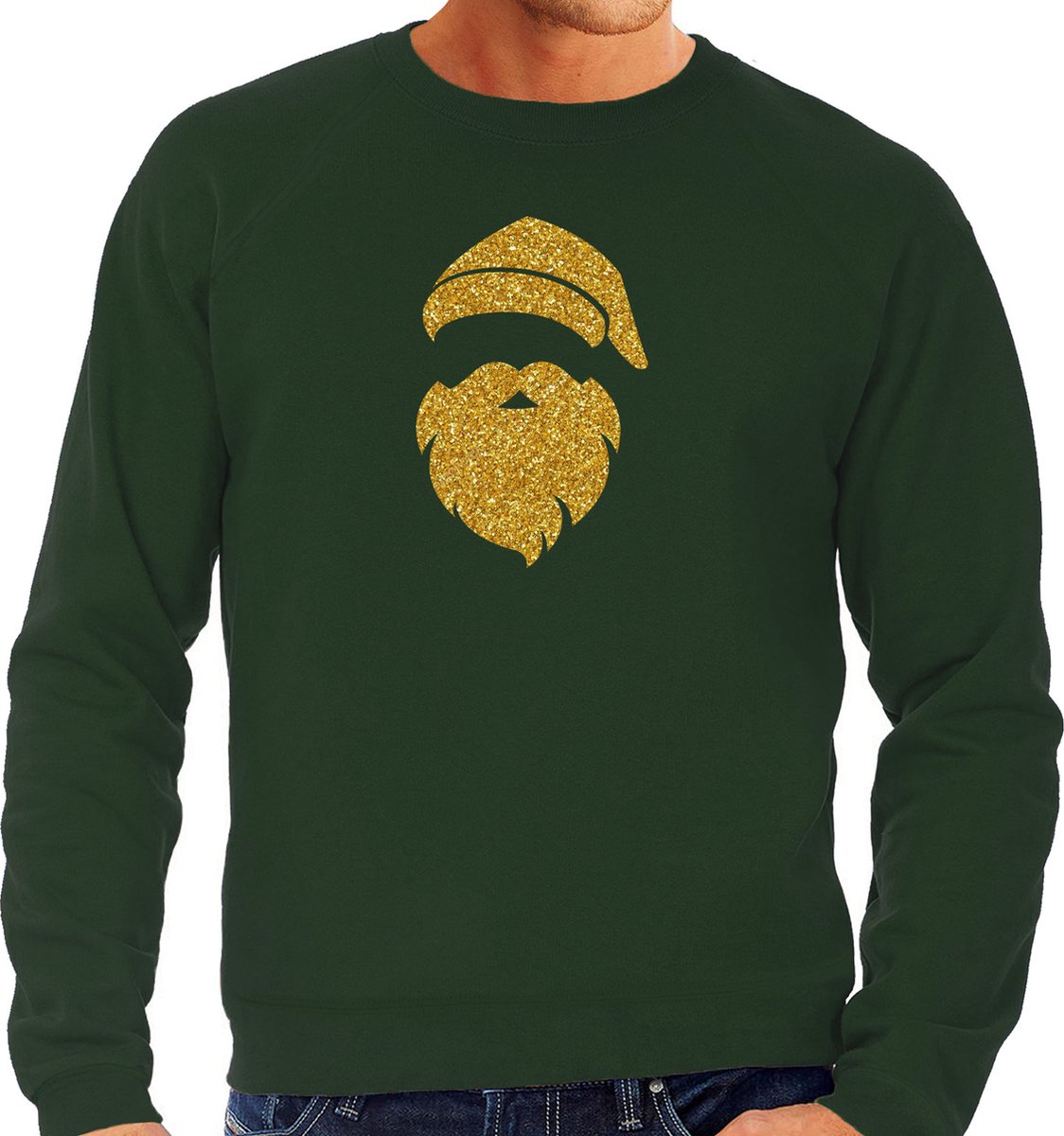 Kerstman hoofd Kerst trui - groen met gouden glitter bedrukking - heren - Kerst sweaters / Kerst outfit M