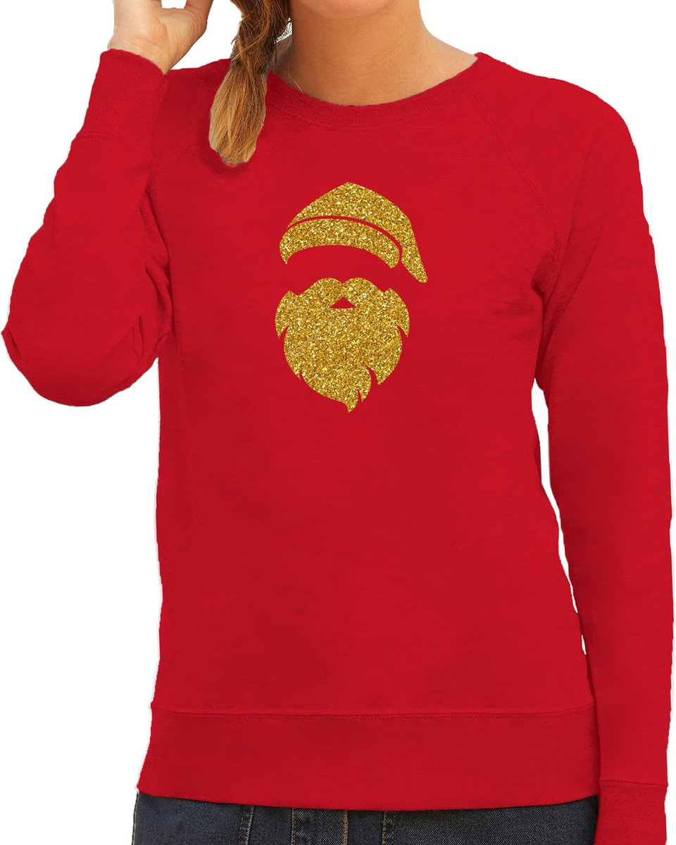 Kerstman hoofd Kerst trui - rood met gouden glitter bedrukking - dames - Kerst sweaters / Kerst outfit M