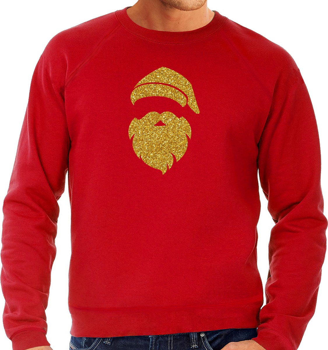 Kerstman hoofd Kerst trui - rood met gouden glitter bedrukking - heren - Kerst sweaters / Kerst outfit M