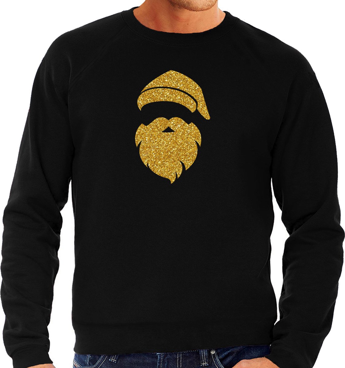 Kerstman hoofd Kerst trui - zwart met gouden glitter bedrukking - heren - Kerst sweaters / Kerst outfit S