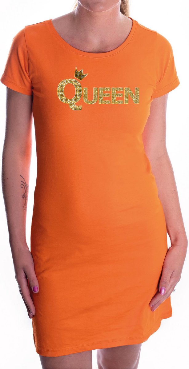 Koningsdag Queen jurkje oranje met gouden letters en kroon voor dames - Koningsdag dress / kleding / outfit M