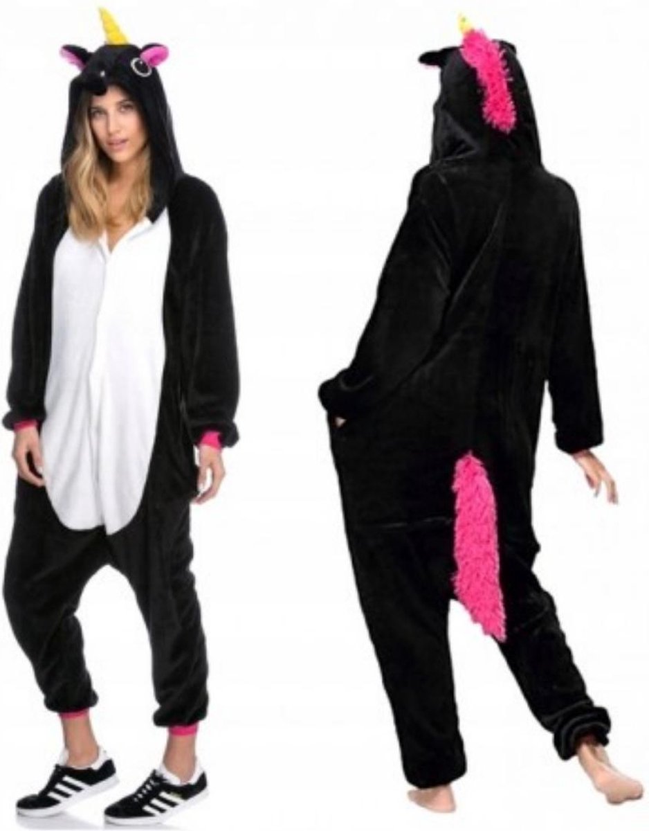 Leuke Dieren Onesie - Zwarte Eenhoorn - Maat L (168-176) - Pyjama - Jumpsuit - Kostuums - Pyjama's - Nachtkleding - Themafeest - Verkleedkleding - Carnavalskleding - Dames - Heren- Kinderen - Volwassenen