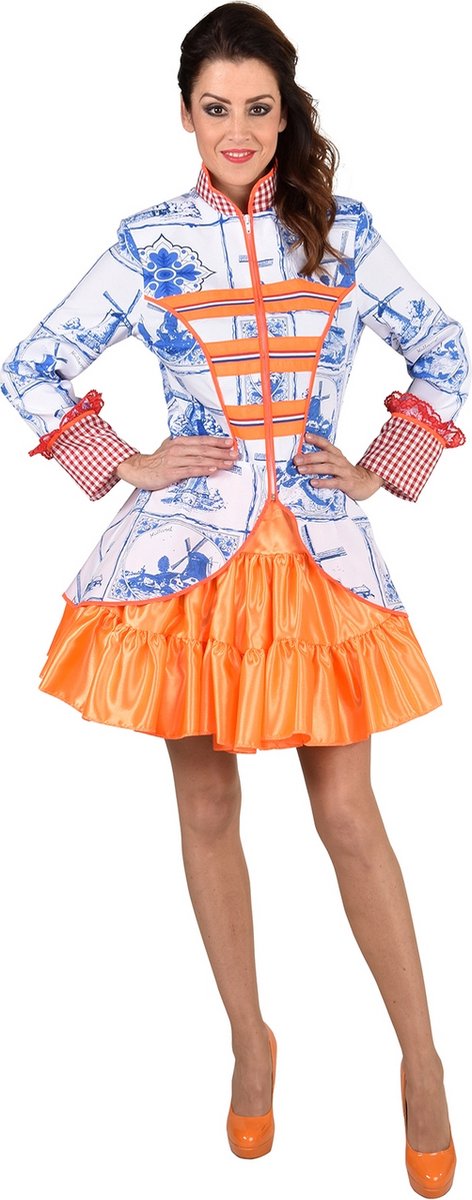 Magic By Freddy's - 100% NL & Oranje Kostuum - De Groeten Uit Delft Jas Vrouw - blauw,oranje - Extra Small - Carnavalskleding - Verkleedkleding