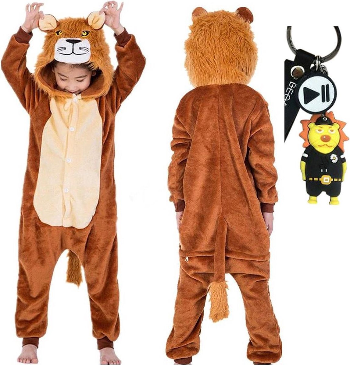 Onesie Leeuw huispak dieren kostuum jumpsuit pyjama kinderen - 116-122 (120) + tas/sleutelhanger verkleedkleding meisjes jongens