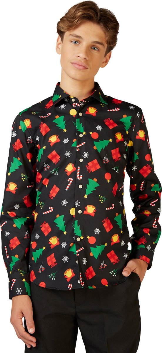 OppoSuits Christmas Icons Black - Tieners Kerst Overhemd - Kerst - Maat: 14 jaar