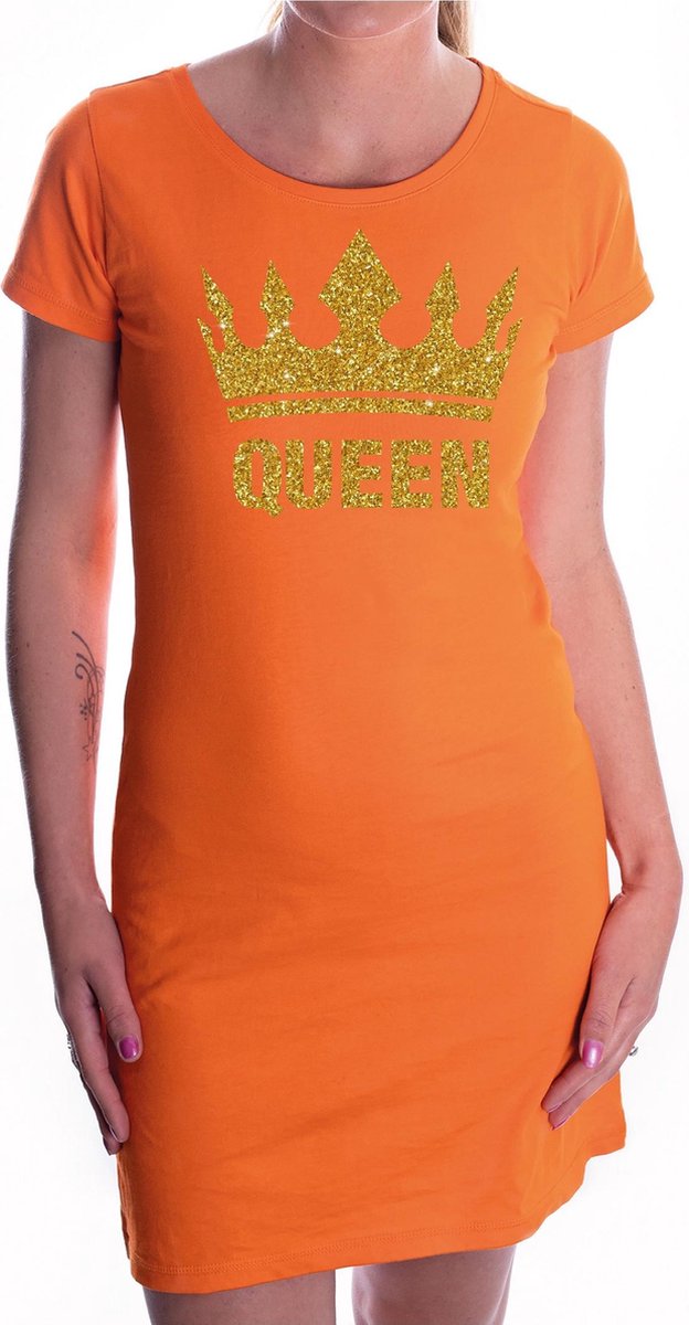 Oranje Koningsdag Queen jurkje met gouden glitter kroon dames - Oranje Koningsdag kleding XL