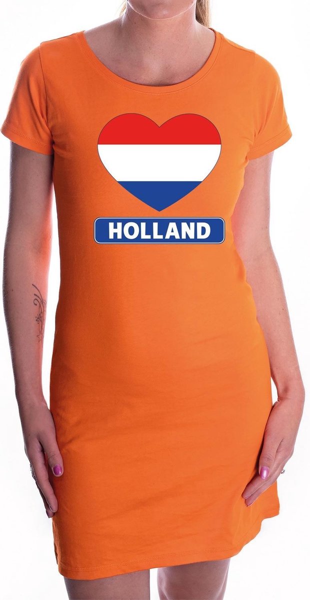Oranje jurk I love Holland hartje voor dames - Nederlandse vlag - Koningsdag - supporters kleding / oranje jurkjes S