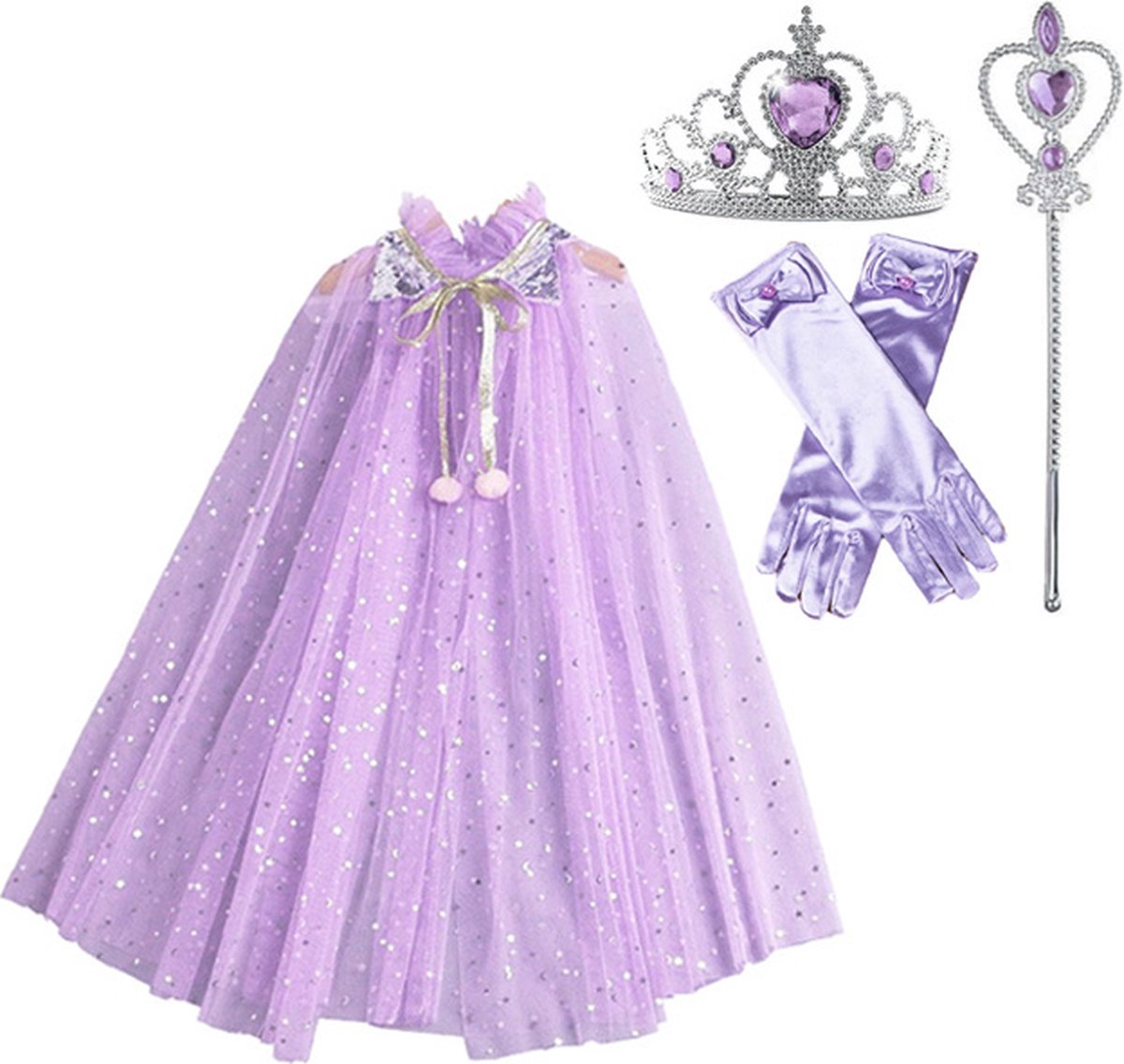 Paarse feeën verkleedset: cape + kroon + staf + handschoenen meisjes 3-8 jaar Elfje, Prinses Rapunzel Sofia, Ballerina verkleedkleding