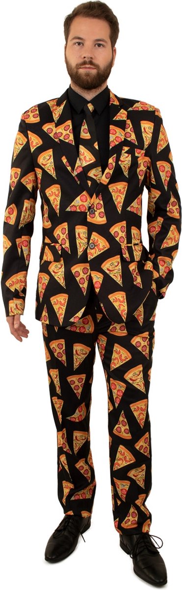 PartyXplosion - Eten & Drinken Kostuum - Slice Of Pizza 3delig - Man - oranje,zwart - Maat 46 - Carnavalskleding - Verkleedkleding