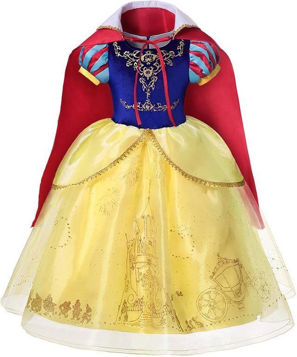 Prinses - Sneeuwwitje jurk incl. cape en haarband(3 delig) - Sneeuwwitje - Prinsessenjurk - Verkleedkleding - Goud - Maat 134/140 (8/9 jaar)