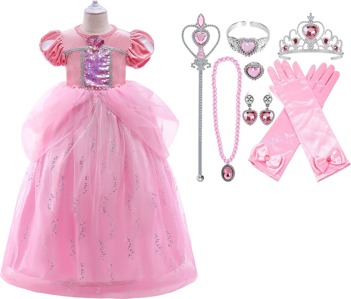 Prinsessenjurk meisje - Prinses Ariel - Roze - 110/116(120) + Tiara (Kroon) / Toverstaf + Juwelen + Handschoenen - Zeemeermin verkleedkleren