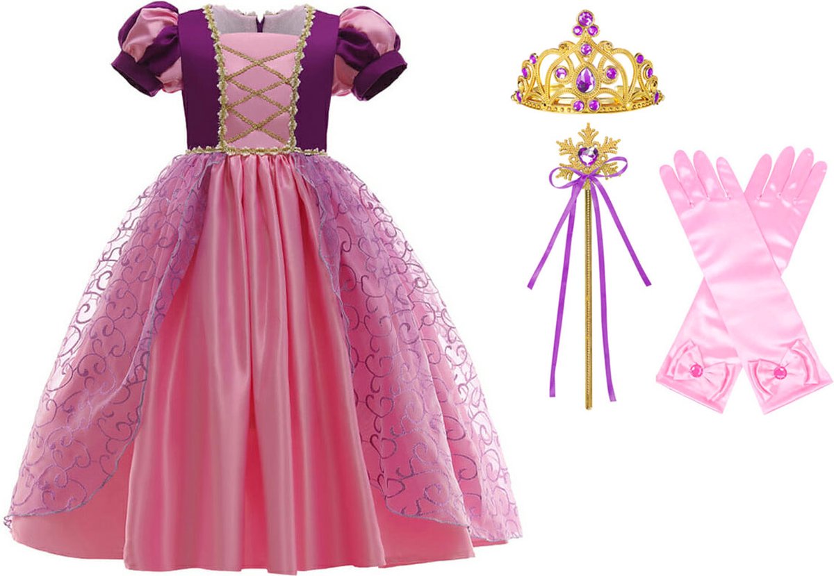 Prinsessenjurk meisje - Verkleedjurken meisjes - Rapunzel jurk 98(100) - Roze - Paars - Kroon - Toverstaf