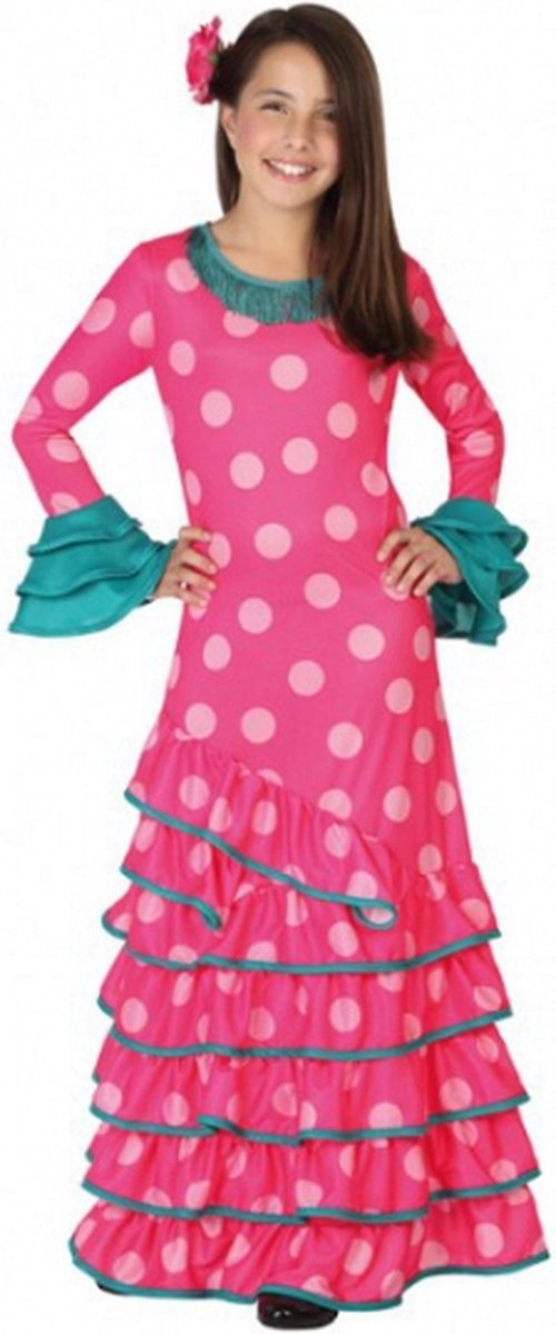 Roze Flamenco jurk voor meiden 128 (7-9 jaar)