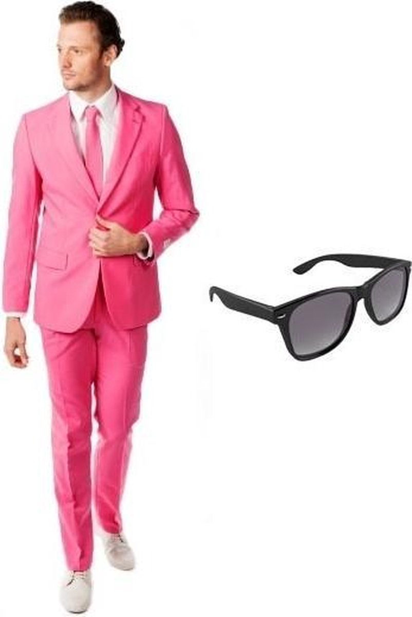 Roze heren kostuum / pak - maat 54 (2XL) met gratis zonnebril