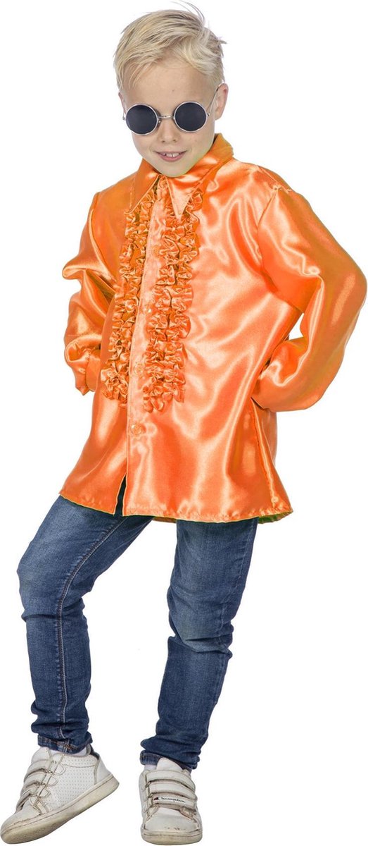 Ruches blouse satijn oranje kind - Maatkeuze: Maat 128