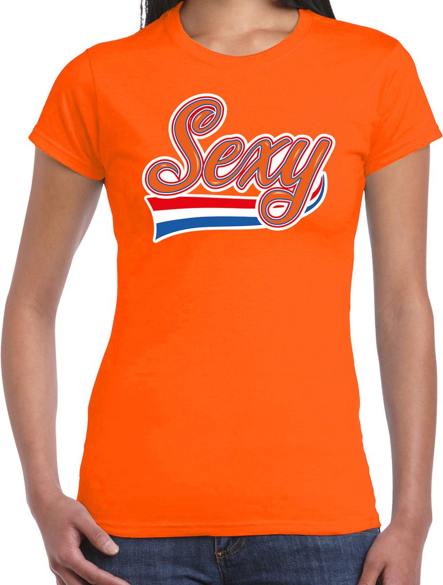 Sexy sierlijke wimpel t=shirt - oranje - dames - koningsdag / EK/WK outfit / kleding L