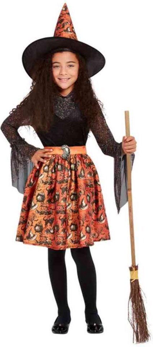 Smiffy's - Heks & Spider Lady & Voodoo & Duistere Religie Kostuum - Cartoonish Heks - Meisje - oranje,zwart - Large - Halloween - Verkleedkleding