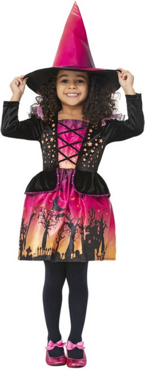 Smiffy's - Heks & Spider Lady & Voodoo & Duistere Religie Kostuum - Klaar Voor De Nacht Heks Sunset - Meisje - rood,geel,zwart - Maat 90 - Halloween - Verkleedkleding