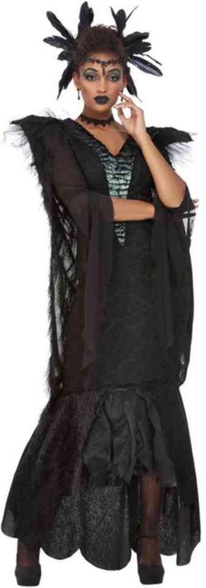 Smiffy's - Heks & Spider Lady & Voodoo & Duistere Religie Kostuum - Lange Uitbundige Horror Flapper - Vrouw - zwart - Medium - Halloween - Verkleedkleding