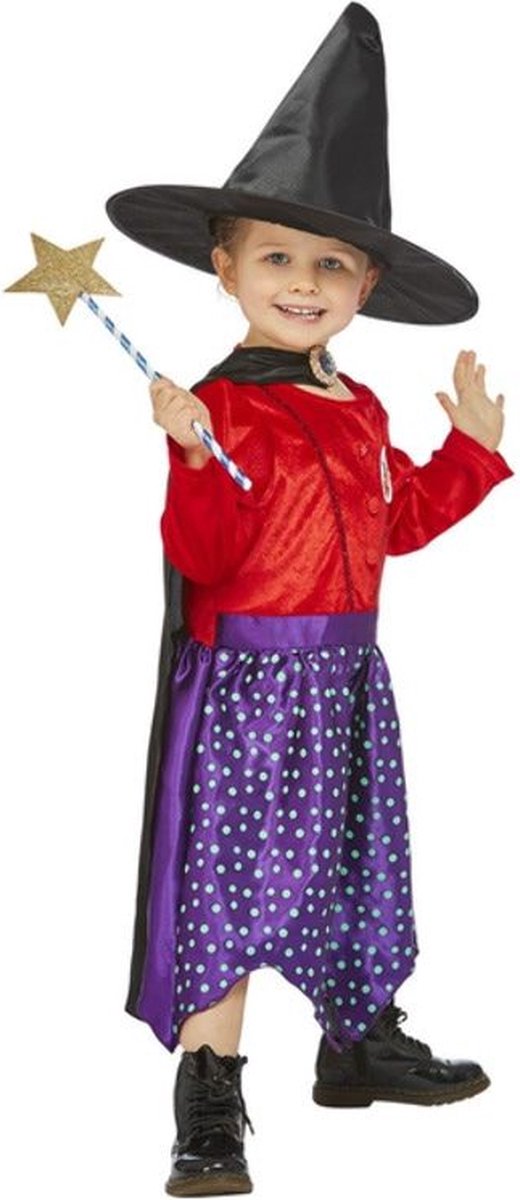 Smiffy's - Heks & Spider Lady & Voodoo & Duistere Religie Kostuum - Stap Maar Op Mijn Bezemsteel Heks - Meisje - rood,paars,zwart - Maat 116 - Halloween - Verkleedkleding