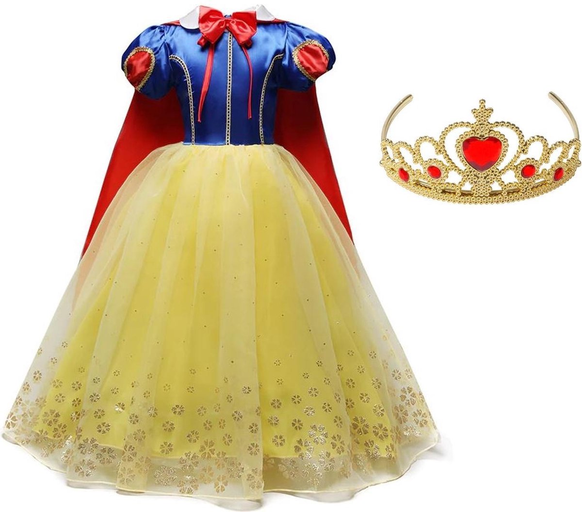 Sneeuwwitje jurk Prinsessen jurk Luxe sprookje 104-110 (110) + cape en kroon verkleedkleding