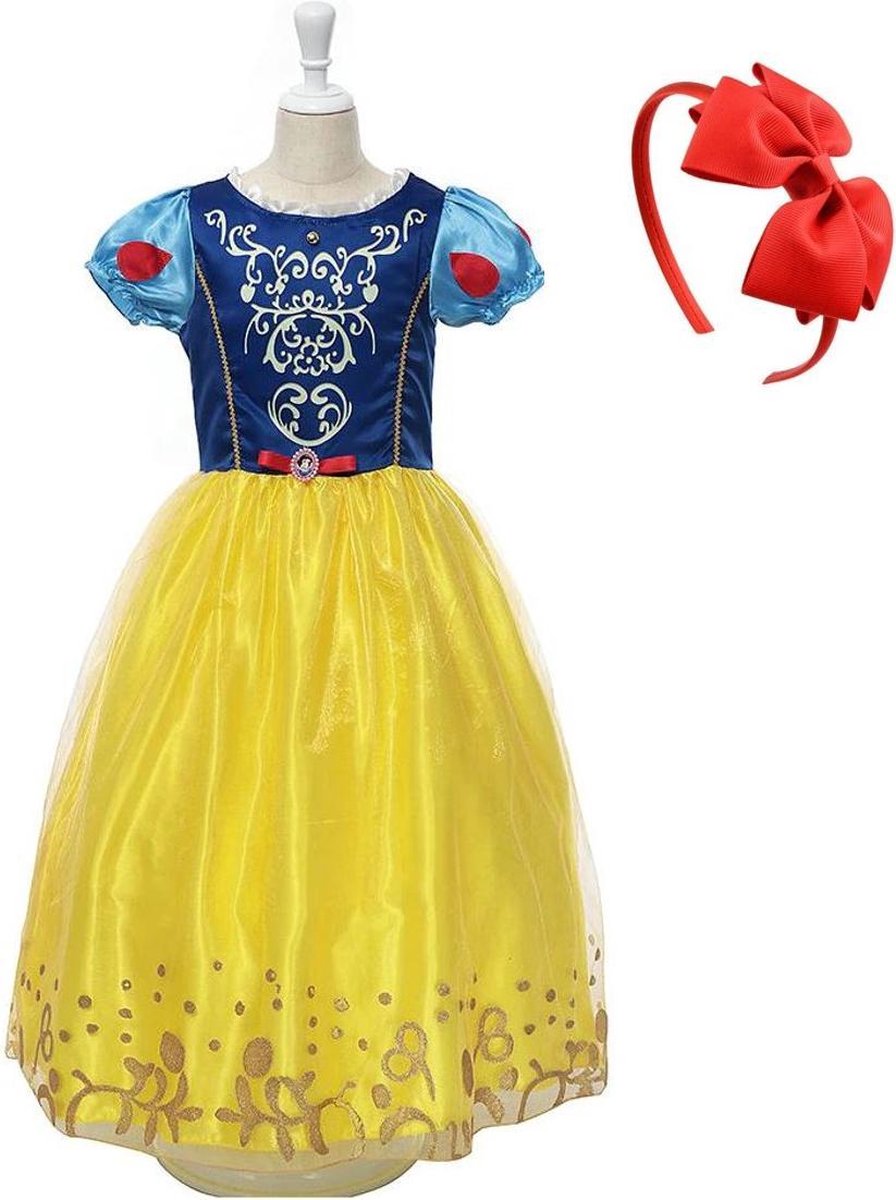 Sneeuwwitje jurk Prinsessen jurk sprookjes verkleedjurk 104-110 (110) met rode haarband