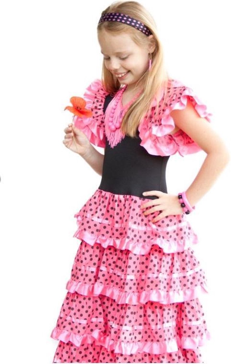 Spaanse jurk - Flamenco - Roze/Zwart - Maat 104/110 (6) - Verkleed jurk