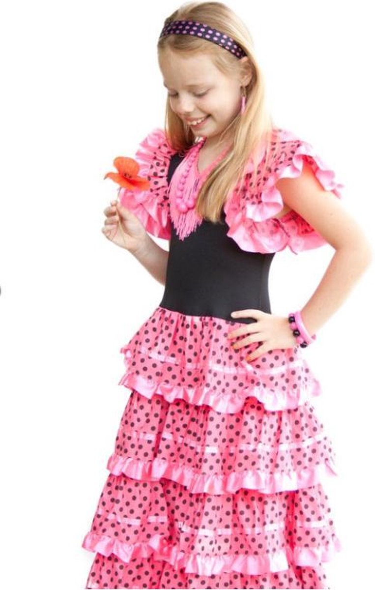 Spaanse jurk - Flamenco - Roze/Zwart - Maat 152/158 (14) - Verkleed jurk