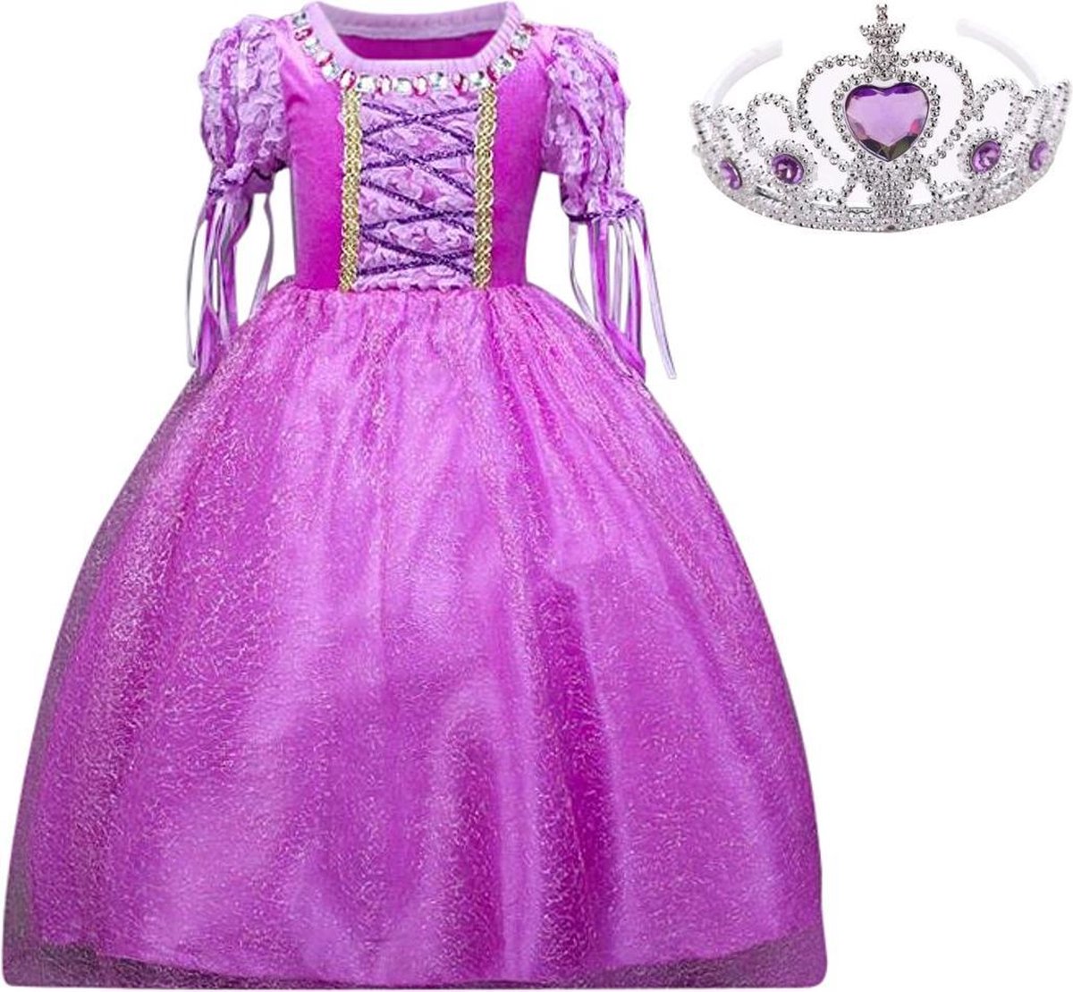 Sprookjes jurk RaponsjePrinsessen jurk verkleedjurk Deluxe 116-122 (120) paars + kroon verkleedkleding