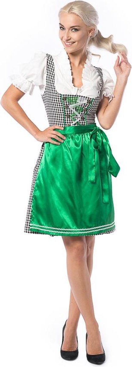Tiroler kostuum voor dames � Dirndl jurkje Birgit zwart-wit geruit met een groen schortje maat 44