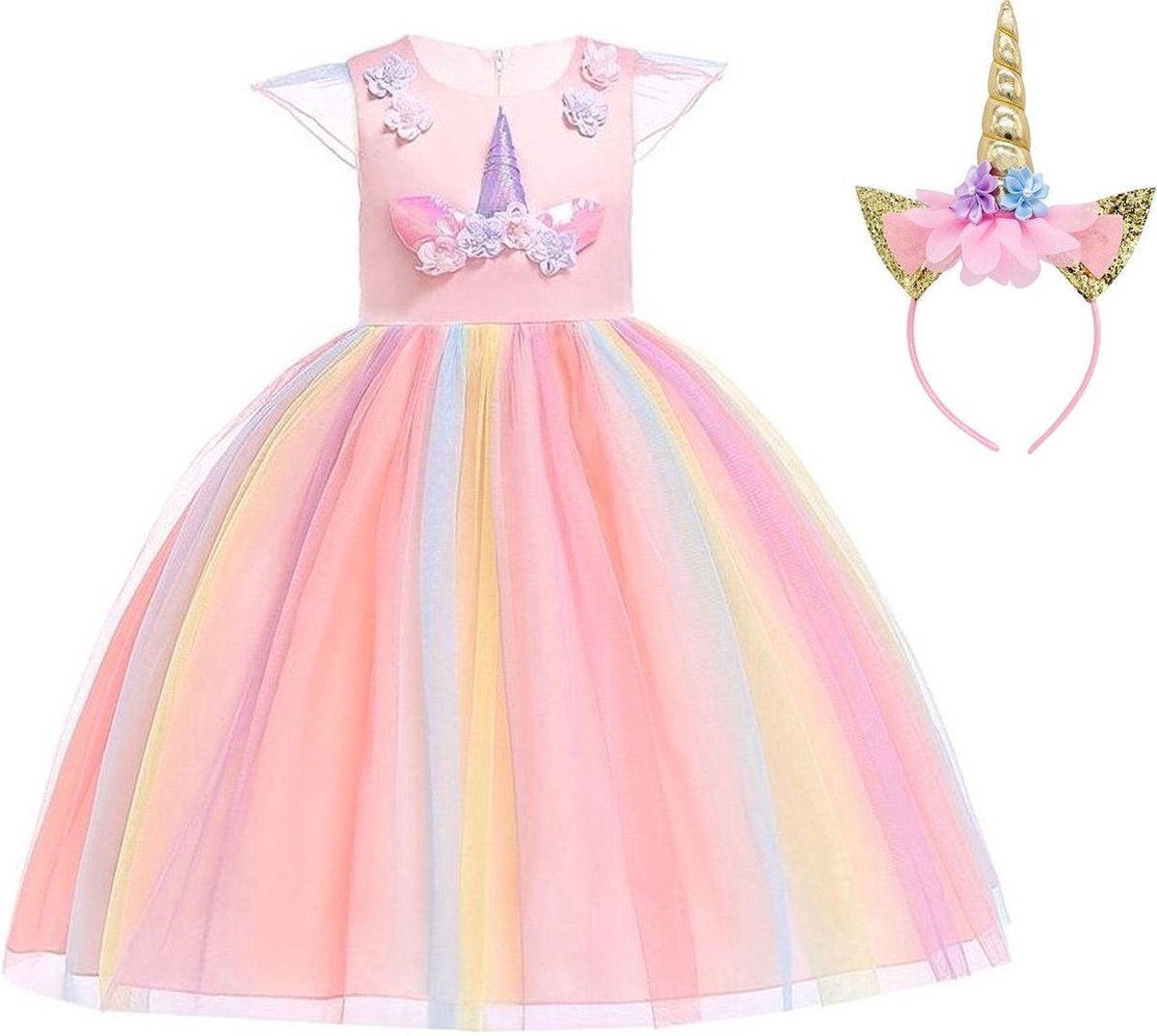 URBANKR8 - Eenhoorn jurk unicorn jurk - carnavalskleding- carnaval -eenhoorn kostuum - roze Classic 110 prinsessen jurk verkleedjurk met haarband en unicorn ketting