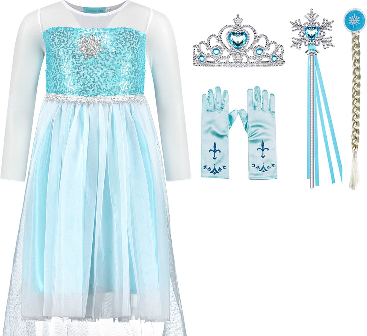Verkleedkleren meisje - Frozen - Elsa jurk - blauwe prinsessenjurk- maat 128/134 (140) - prinsessen verkleedkleding - kroon - toverstaf - Elsa vlecht - handschoenen