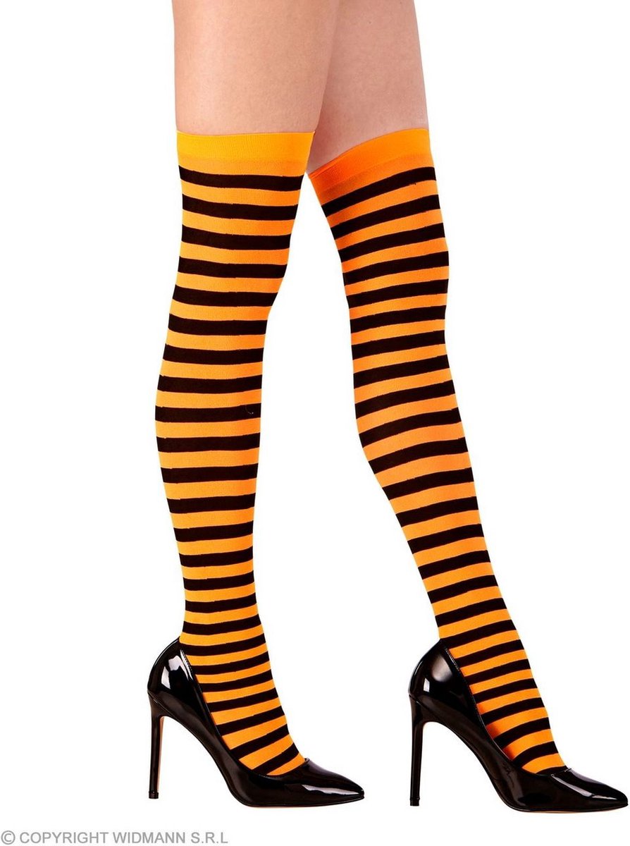 Widmann - Clown & Nar Kostuum - Kniekousen Extra Lang Gestreept, Neon Oranje - oranje,zwart - Medium / Large - Halloween - Verkleedkleding