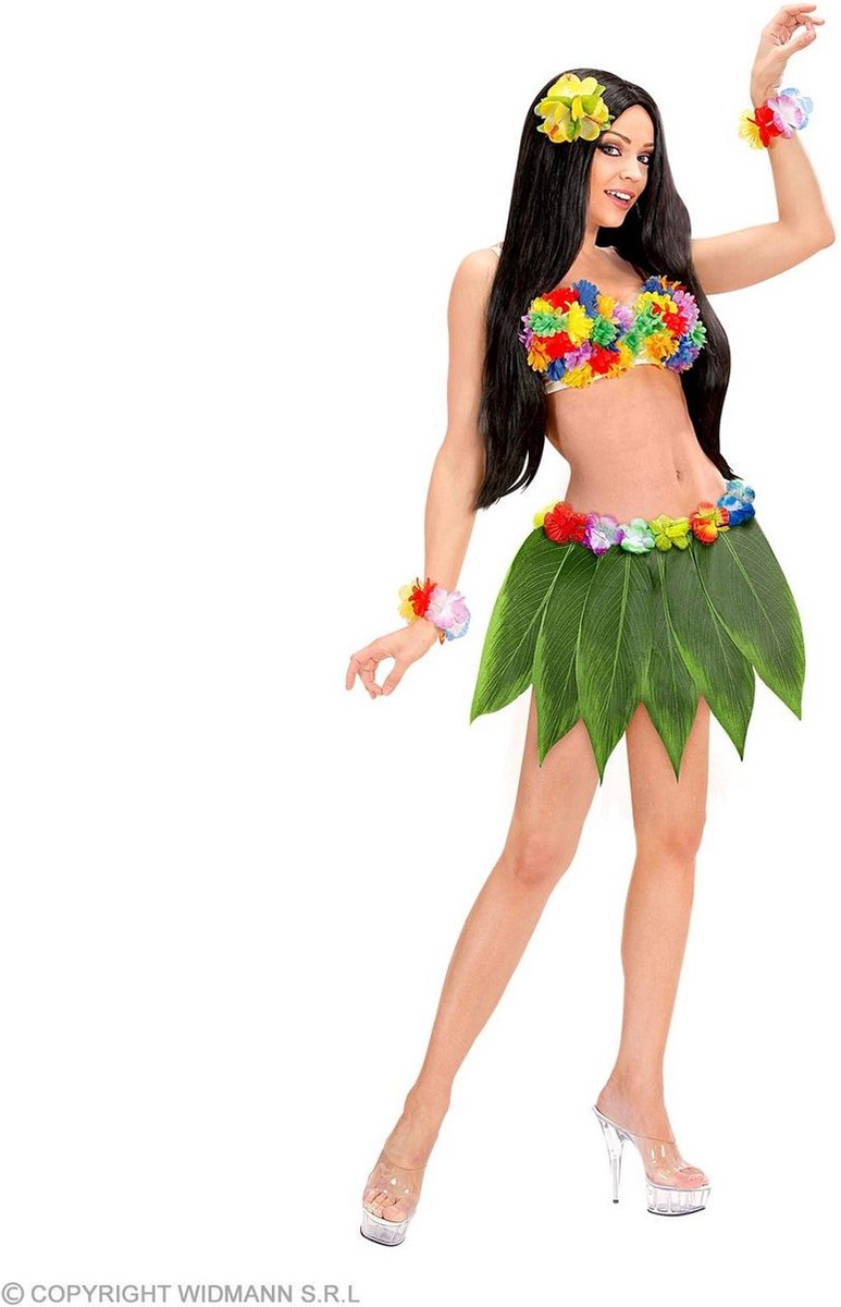 Widmann - Hawaii & Carribean & Tropisch Kostuum - Hawaiiaanse Bananenbladrok Met Bloemenriem Vrouw - groen - One Size - Carnavalskleding - Verkleedkleding