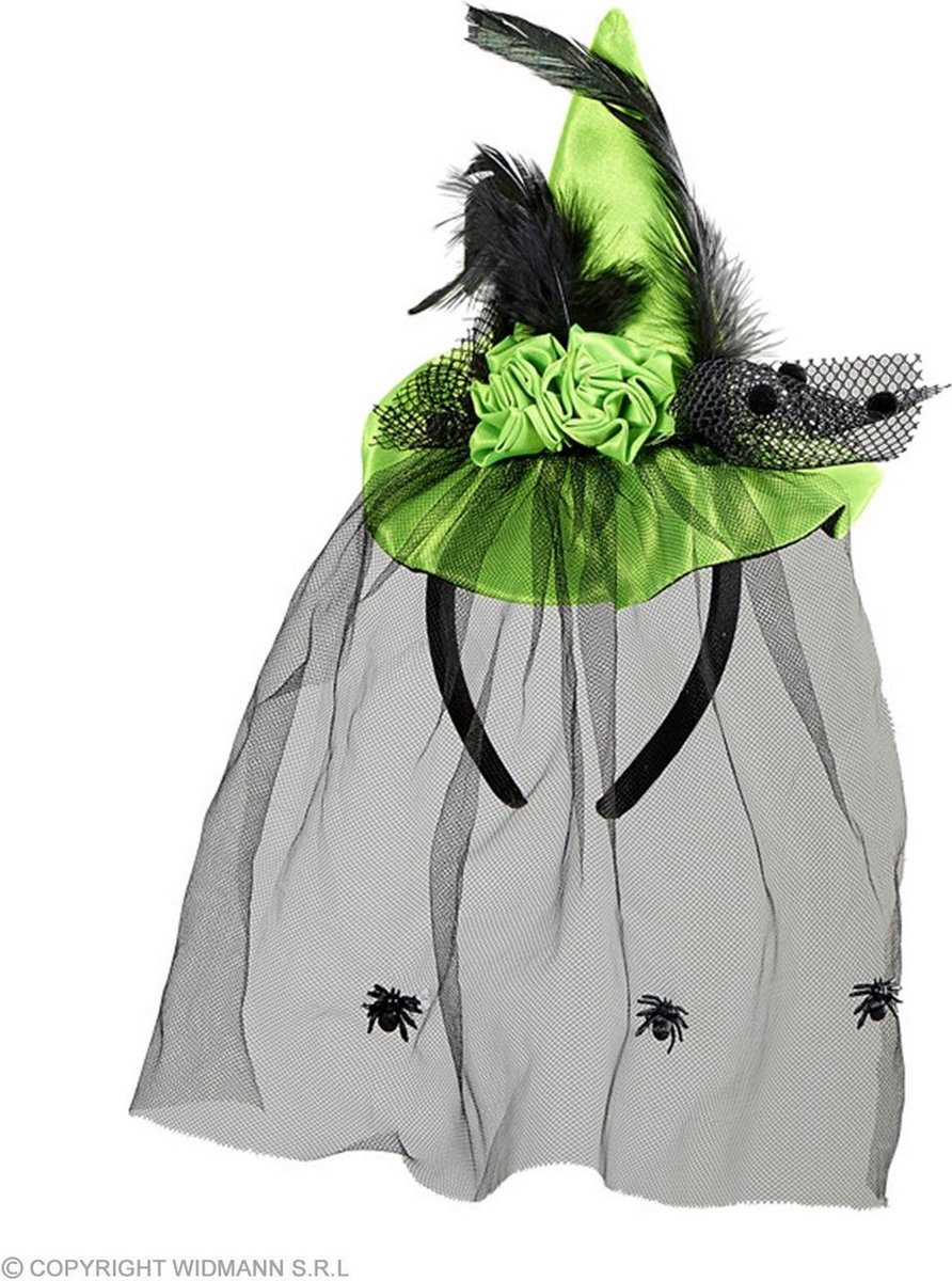 Widmann - Heks & Spider Lady & Voodoo & Duistere Religie Kostuum - Groene Mini Heksenhoed Met Sluier - groen - Halloween - Verkleedkleding