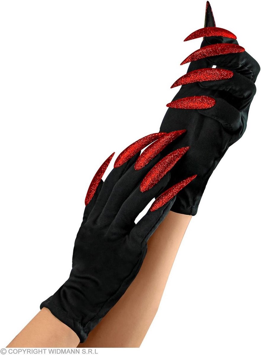 Widmann - Heks & Spider Lady & Voodoo & Duistere Religie Kostuum - Handschoenen Heks Met Groene Glitter Nailart - rood,zwart - Halloween - Verkleedkleding