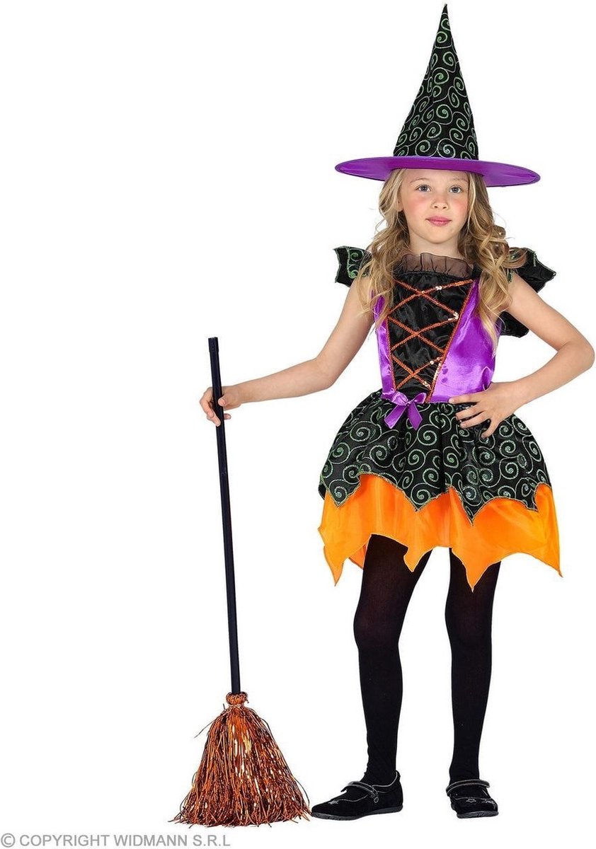 Widmann - Heks & Spider Lady & Voodoo & Duistere Religie Kostuum - Heks Van Het Pompoenenbos - Meisje - groen,oranje - Maat 104 - Halloween - Verkleedkleding