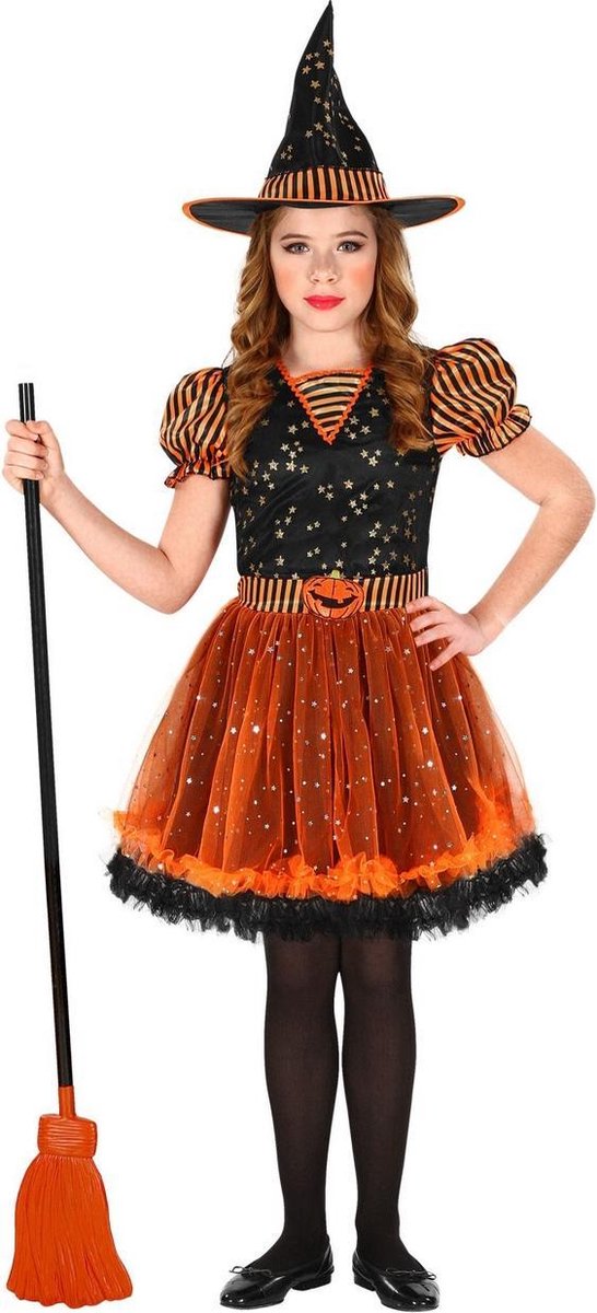 Widmann - Heks & Spider Lady & Voodoo & Duistere Religie Kostuum - Laag Vliegende Heks Halloween - Meisje - oranje,zwart - Maat 104 - Halloween - Verkleedkleding