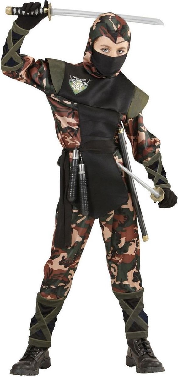 Widmann - Leger & Oorlog Kostuum - Ninja Soldaat Camouflage - Jongen - groen - Maat 158 - Carnavalskleding - Verkleedkleding
