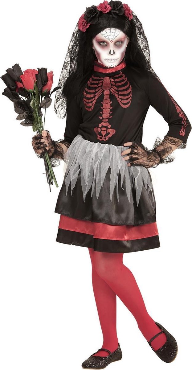 Widmann - Spaans & Mexicaans Kostuum - Agape Bruid Dia De Los Muertos - Meisje - rood,zwart - Maat 128 - Halloween - Verkleedkleding