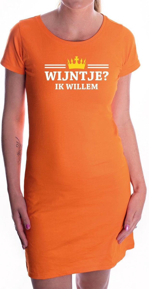 Wijntje ik Willem met gouden kroontje jurk oranje voor dames - Koningsdag - wijnliefhebber - supporters kleding / oranje jurkjes M