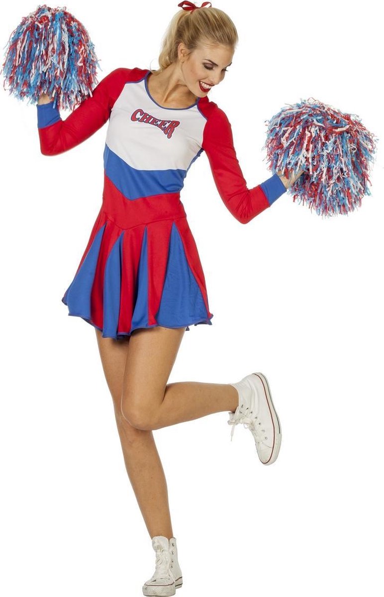 Wilbers - Cheerleader Kostuum - Cheerleader Go Go Go - Vrouw - blauw,rood - Maat 38 - Carnavalskleding - Verkleedkleding