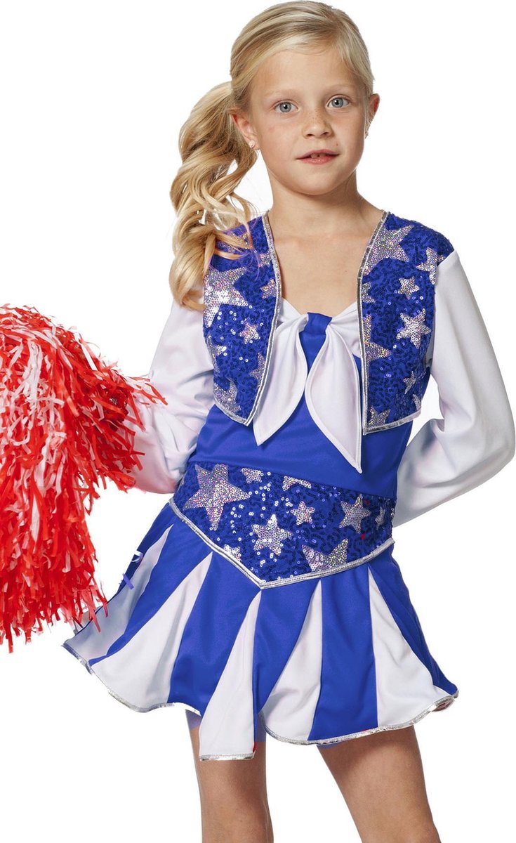 Wilbers - Cheerleader Kostuum - Dansende Cheerleader Luxe Blauw - Meisje - blauw - Maat 140 - Carnavalskleding - Verkleedkleding