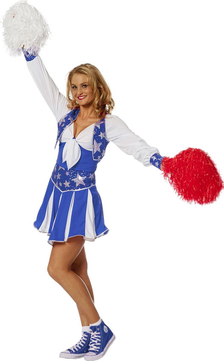 Wilbers - Cheerleader Kostuum - Dansende Cheerleader Luxe Blauw - Vrouw - blauw - Maat 36 - Carnavalskleding - Verkleedkleding