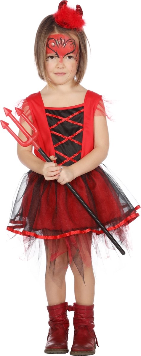 Wilbers - Duivel Kostuum - Verduveld Klein Duiveltje - Meisje - rood - Maat 128 - Halloween - Verkleedkleding