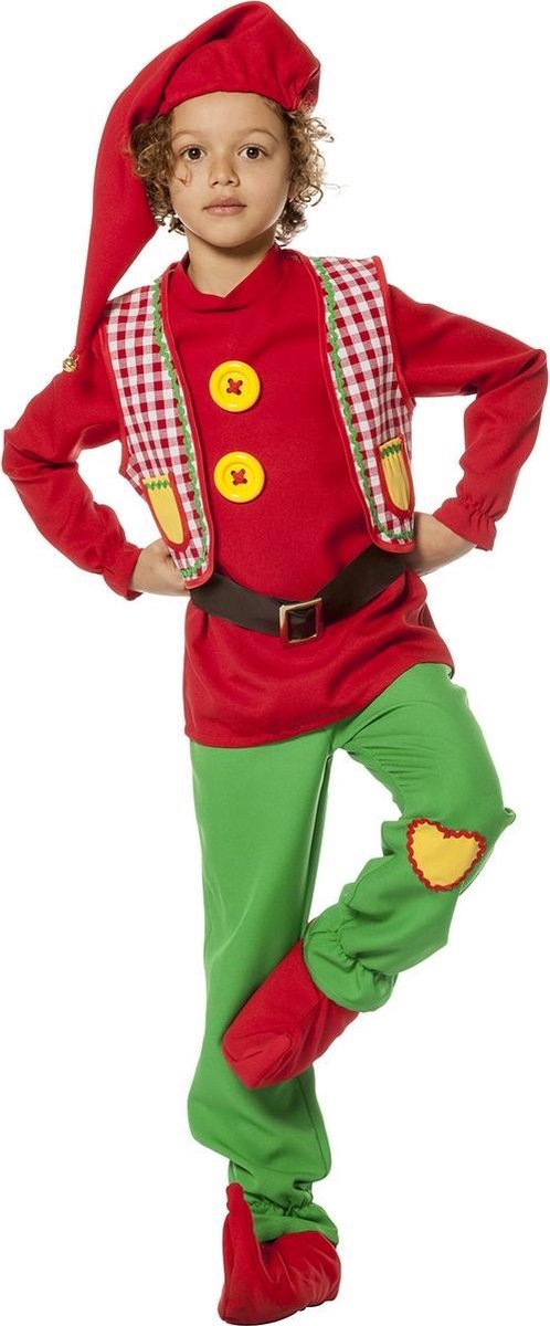 Wilbers - Dwerg & Kabouter Kostuum - He Ho He Ho Kabouter Sprookjes Kind Kostuum - rood,groen - Maat 116 - Carnavalskleding - Verkleedkleding
