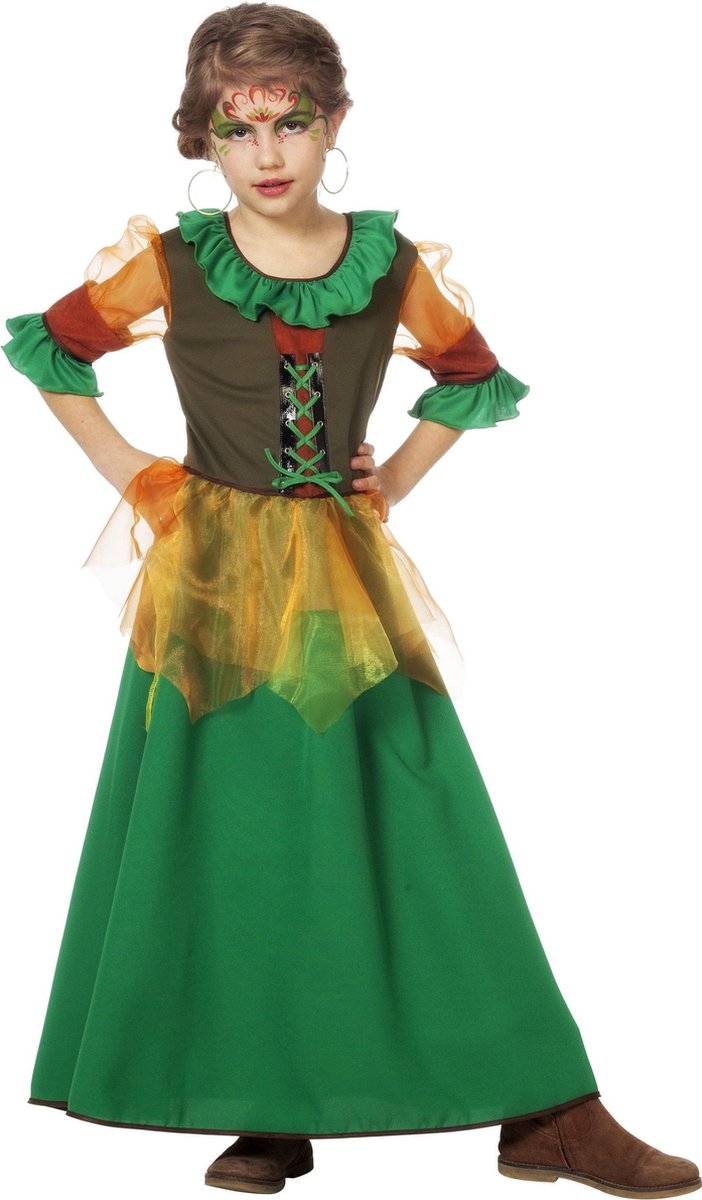Wilbers - Elfen Feeen & Fantasy Kostuum - Herfstfee Uit Het Bos - Meisje - groen - Maat 116 - Carnavalskleding - Verkleedkleding