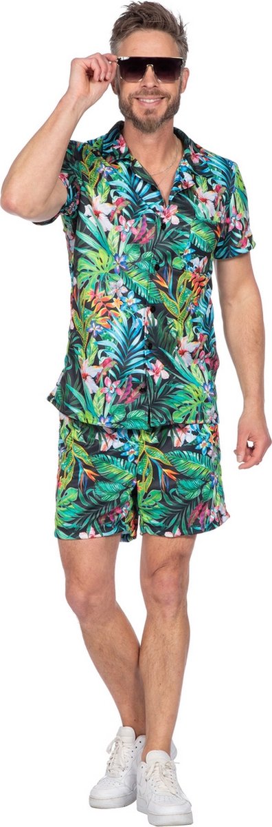 Wilbers - Hawaii & Carribean & Tropisch Kostuum - Hawaii Harrie Op Het Strand - Man - groen,zwart - Small - Carnavalskleding - Verkleedkleding
